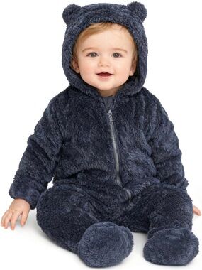 Plush Bear Hooded Baby One-Piece - Navy